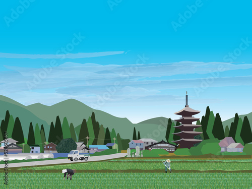 五重塔のある田舎の農村風景