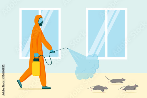 Pest home control. Rodents extermination. People in uniform spray pesticide against rats. Professional mouse poison sanitization by smoke. Deratization service. Vector illustration