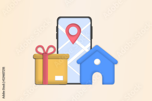 Online delivery courier service or delivery tracking mobile application concept on smartphone with packing coming out. Global logistic concept, quick and fast cargo shipment. 3d vector illustration.