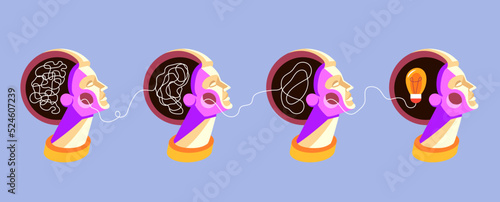 Brain mind in head. Complex of difficult ideas. People chaos thinking. Decode unclear clew. Mental mess. Unravel knot process sequence. Tangled cord. Search problems. Vector doodle icons