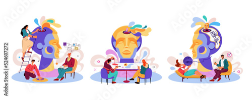 Psychology therapy. Mental health. Psychotherapy consultation. Psychologist or psychiatrist support. Professional psychological treatment. Creative session. Vector cartoon concepts set