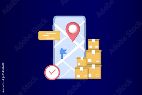 Online delivery courier service or delivery tracking mobile application concept on smartphone with packing coming out. Global logistic concept, quick and fast cargo shipment. 3d vector illustration.