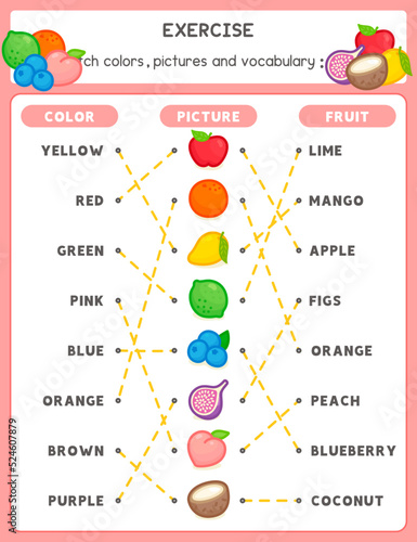 Draw a line matching the words and picture about fruits exercises sheet kawaii doodle vector cartoon
