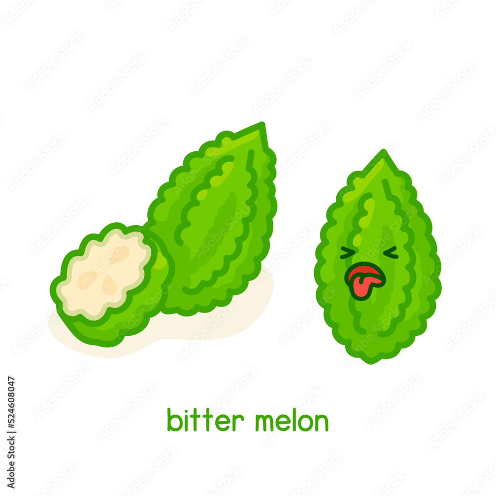Green bitter gourd kawaii doodle flat cartoon vector illustration Stock