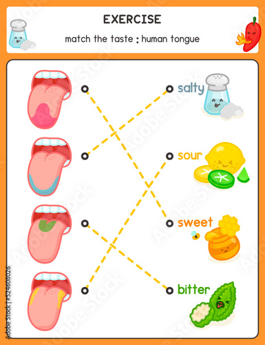 Draw a line matching the words and picture about human tongue exercises sheet kawaii doodle vector cartoon