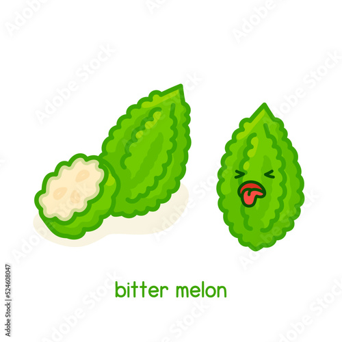 Green bitter gourd kawaii doodle flat cartoon vector illustration