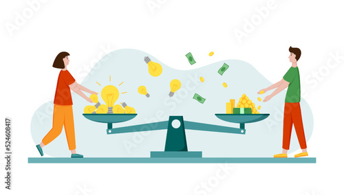 Money balance. Scale comparison. Finance purchase. People weigh financial idea lamps and banknotes. Golden coins heap. Value measurement. Equilibrium or harmony. Vector cartoon concept