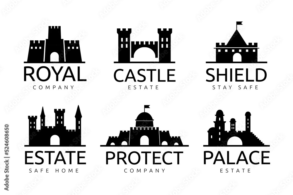 Castle icon. Fort logo. Stronghold silhouette. Old building. Outline fortress. Ancient fairytale citadel construction. Company brand emblem. Palace symbol. Vector cartoon logotype set
