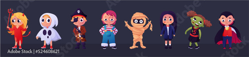 Halloween kids. Carnival cosplay costumes. Frankenstein and mummy. Witch or ghost characters. Children party dress. Fairy monsters set. Boys or girls outfits. Vector cartoon background
