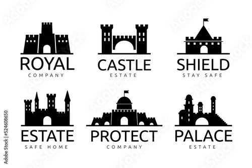 Castle icon. Fort logo. Stronghold silhouette. Old building. Outline fortress. Ancient fairytale citadel construction. Company brand emblem. Palace symbol. Vector cartoon logotype set