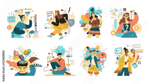 Personality hobby. Talent and mindset types. MBTI characters. Logic man. Intelligence creative guy. Science and creativity. Artistic woman. Mental structures set. Vector flat illustration
