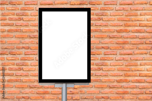 Outdoor pole billboard with mock up white screen on orange brick wall background and clipping path