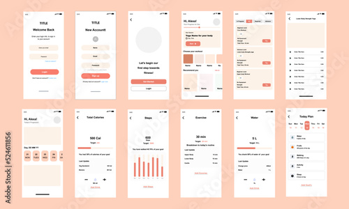 Sports and fitness UI UX mobile app kit template for mobile application.