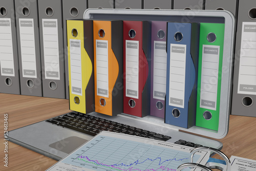 Computer con cartelle colorate per l'archiviazione di documenti. Database..