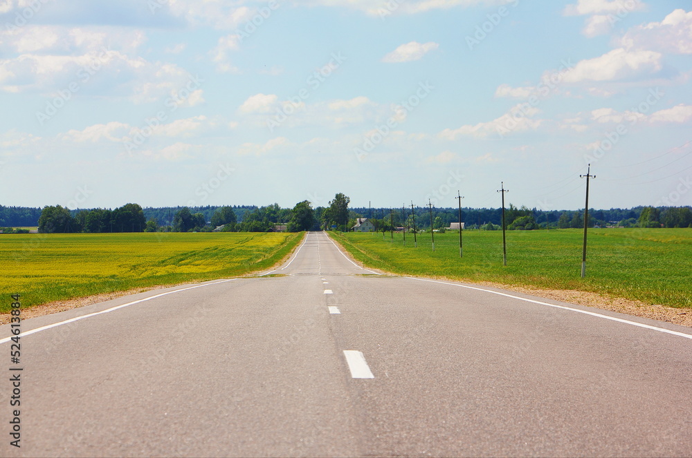 Empty asphalted countrysine road in perspective between a canola fields with forest stripe on horizon on blue sky with clouds background at Sunny summer day Empty asphalted countrysine road in perspective between a canola fields with forest stripe on horizon on blue sky with clouds background at Sunny summer day