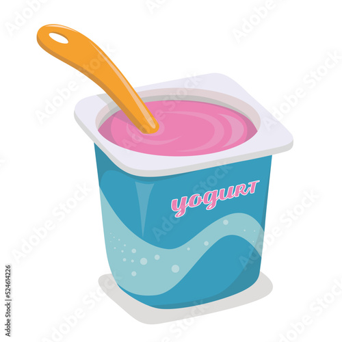 Natural and frozen yogurt, with spoon in the glass, small container. Yogurt vector.