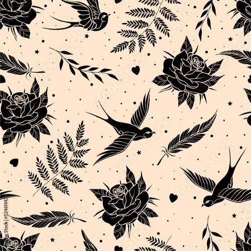 Old school tattoo seamless pattern. Pattern with Love Elements. 