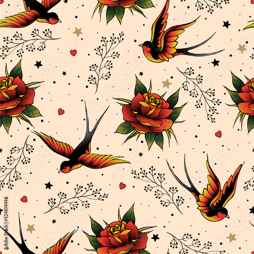 Old school tattoo seamless pattern. Pattern with Love Elements. 