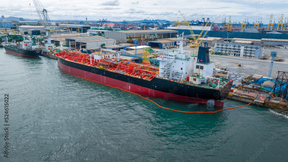 Oil Crude Gas Tanker Ship, Cargo container Ship offshore for maintenance. Petroleum Chemical export import transportation and logistics, Oil leak from Ship, industrial petroleum products Vessel