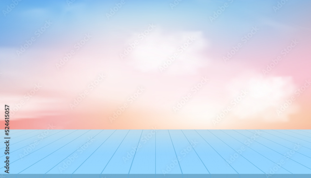 Sky with fluffy clouds with blue wood texture table top,Vector illustration Pastel sky with wood panel,Wooden terrace with sky background for Christmas or New Year presentration product display. Sky with fluffy clouds with blue wood texture table top,Vector illustration Pastel sky with wood panel,Wooden terrace with sky background for Christmas or New Year presentration product display.