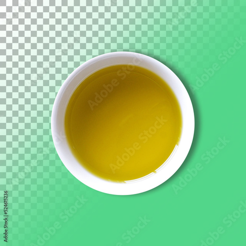 Top up view olive oil on white bowl isolated with transparent background.