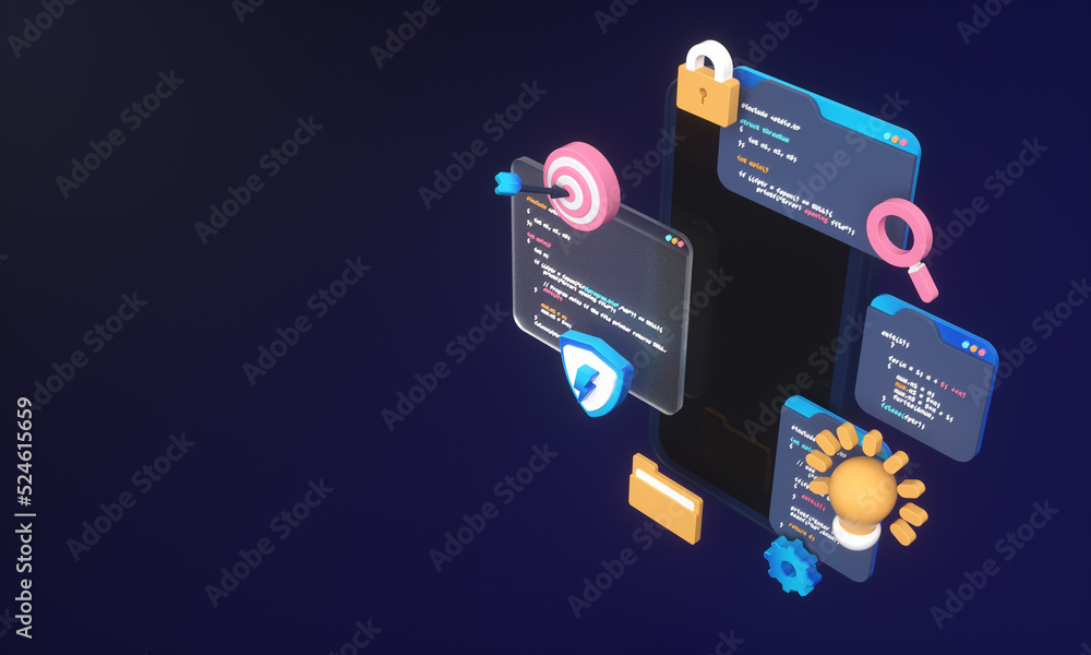 Web development programming code or app development and web design on computer for seo optimization 3d background Web development programming code or app development and web design on computer for seo optimization 3d background
