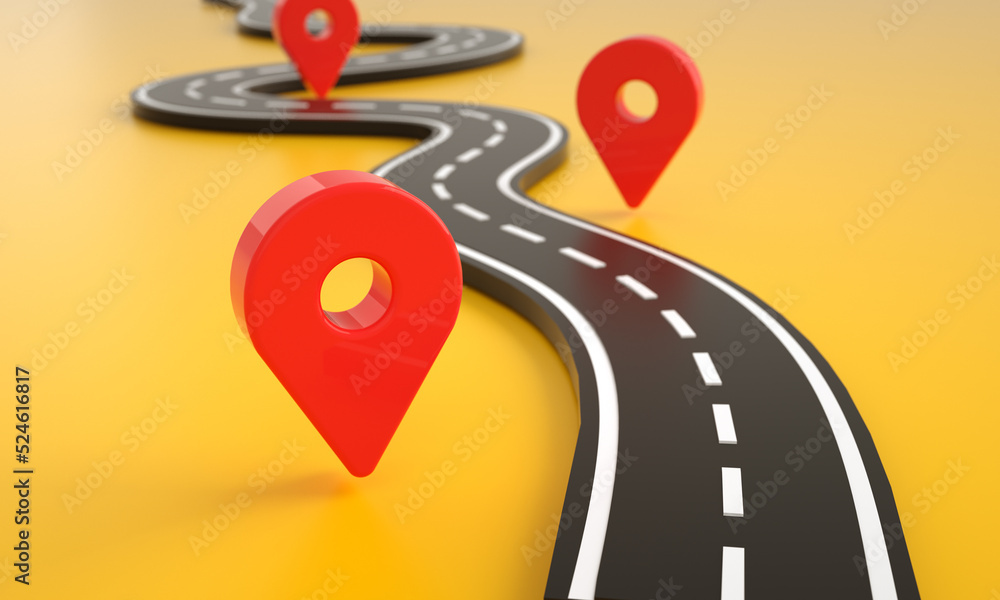 Winding road infographics and map location pin background Stock ...