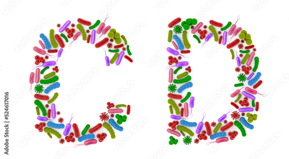 Alphabet C D made of Bacteria isolated on white background, bacteria font. 3d alphabet. 3d illustration. Alphabet C D made of Bacteria isolated on white background, bacteria font. 3d alphabet. 3d illustration.