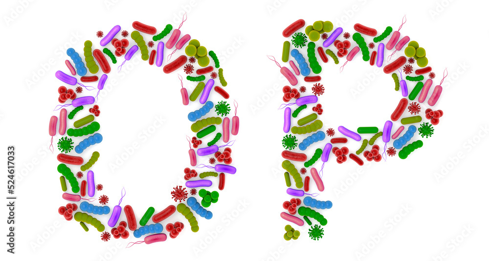 Alphabet O P made of Bacteria isolated on white background, bacteria font. 3d alphabet. 3d illustration. Alphabet O P made of Bacteria isolated on white background, bacteria font. 3d alphabet. 3d illustration.