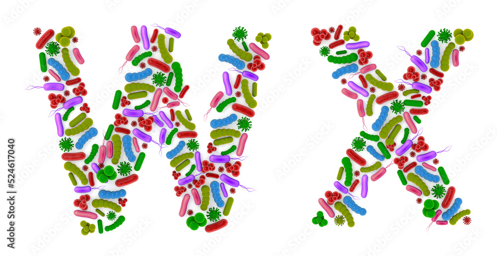Alphabet W X made of Bacteria isolated on white background, bacteria font. 3d alphabet. 3d illustration.