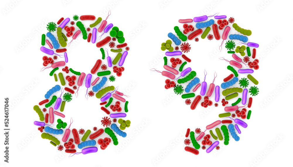 Number 8 9 made of Bacteria isolated on white background, bacteria font. 3d alphabet. 3d illustration. Number 8 9 made of Bacteria isolated on white background, bacteria font. 3d alphabet. 3d illustration.