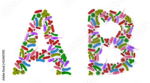 Alphabet A B made of Bacteria isolated on white background, bacteria font. 3d alphabet. 3d illustration.