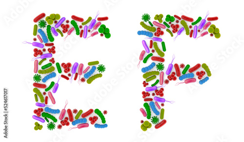Alphabet E F made of Bacteria isolated on white background, bacteria font. 3d alphabet. 3d illustration.