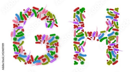 Alphabet G H made of Bacteria isolated on white background, bacteria font. 3d alphabet. 3d illustration.