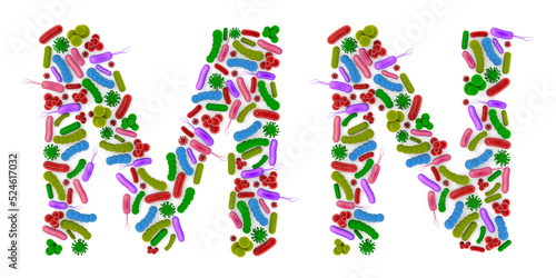 Alphabet M N made of Bacteria isolated on white background, bacteria font. 3d alphabet. 3d illustration.