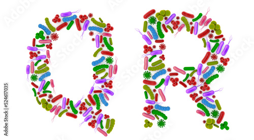 Alphabet Q R made of Bacteria isolated on white background, bacteria font. 3d alphabet. 3d illustration.