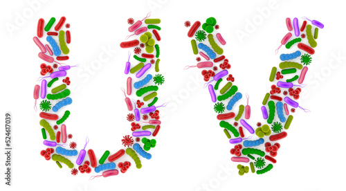 Alphabet U V made of Bacteria isolated on white background, bacteria font. 3d alphabet. 3d illustration.