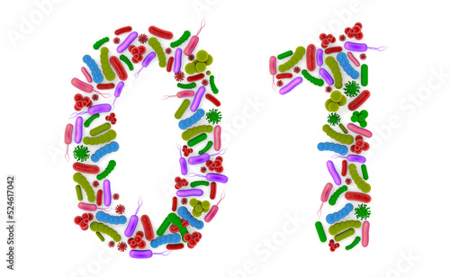 Number 0 1 made of Bacteria isolated on white background, bacteria font. 3d alphabet. 3d illustration.