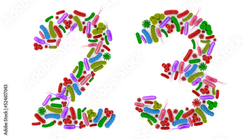 Number 2 3 made of Bacteria isolated on white background, bacteria font. 3d alphabet. 3d illustration.