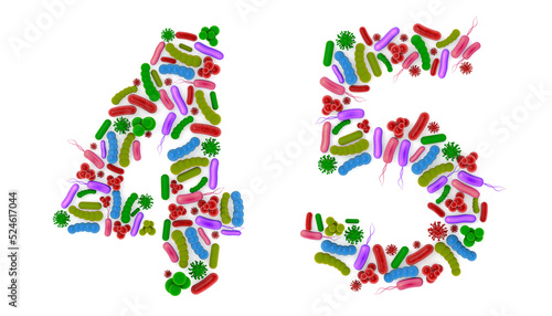 Number 4 5 A B made of Bacteria isolated on white background, bacteria font. 3d alphabet. 3d illustration.