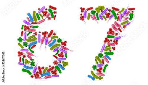 Number 6 7 made of Bacteria isolated on white background, bacteria font. 3d alphabet. 3d illustration.