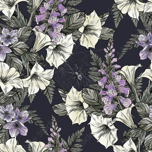 Watercolor poison flowers and black Widow pattern.Colorful seamless halloween pattern. Perfect for greetings  invitations  manufacture wrapping paper  textile and web design. Watercolor  gothic 