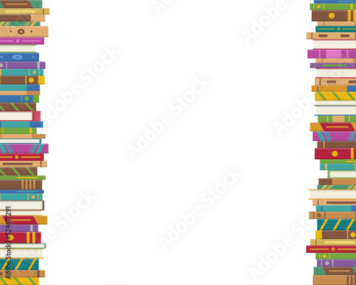 Book stacks frame empty copy space for your text. Pile of books by height in library or bookstore. Education and knowledge, studying and learning. Vector illustration