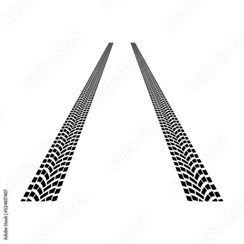 Road tire tracks perspective isolated on white background. Print textured wheel track. Tire marks, tire tread, tread marks silhouette for machine and vehicle. Vector illustration
