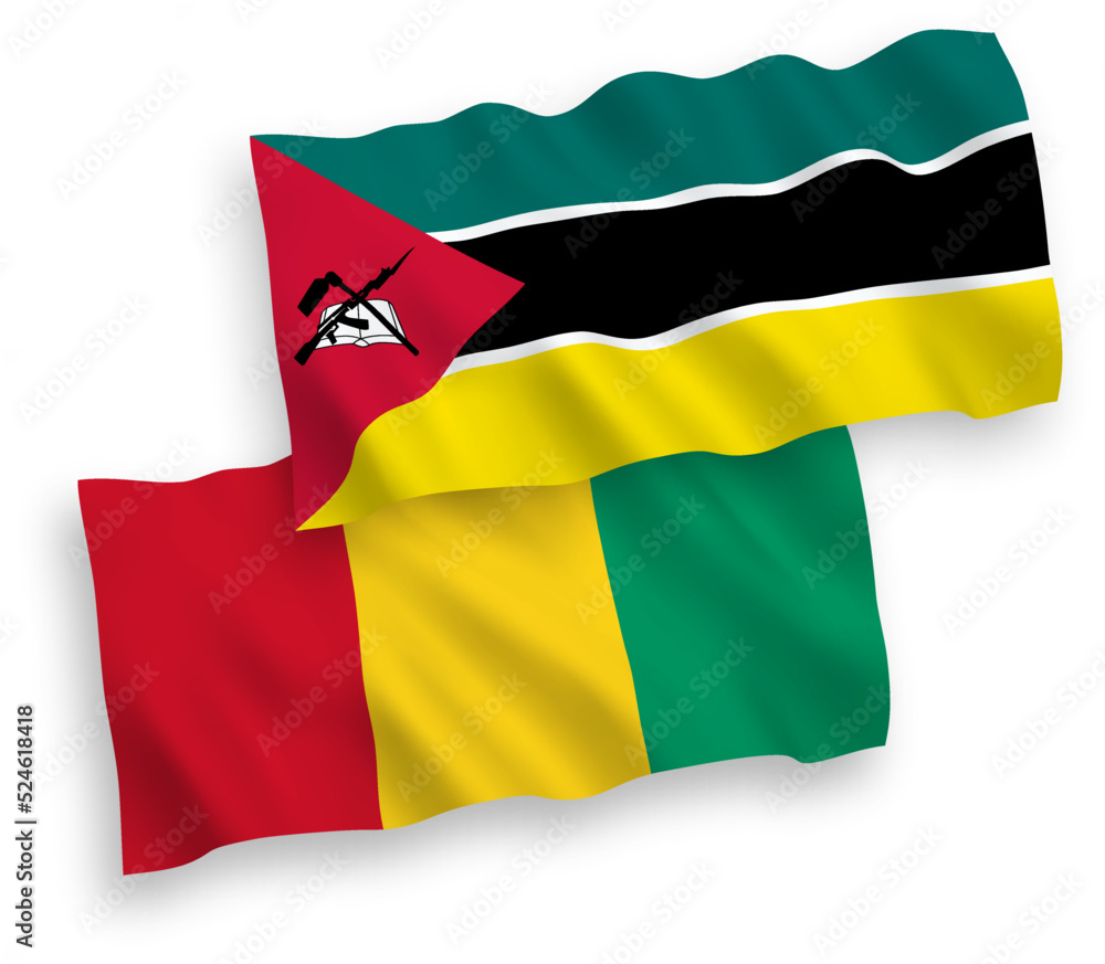 Obraz premium Flags of Republic of Mozambique and Guinea on a white background
