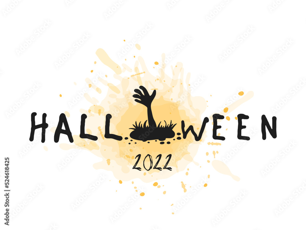 Halloween 2022 - October 31. Trick or treat. Vector hand-drawn doodle style. Lettering with a zombie hand sticking out of the grave, against a background of orange watercolor splashes.