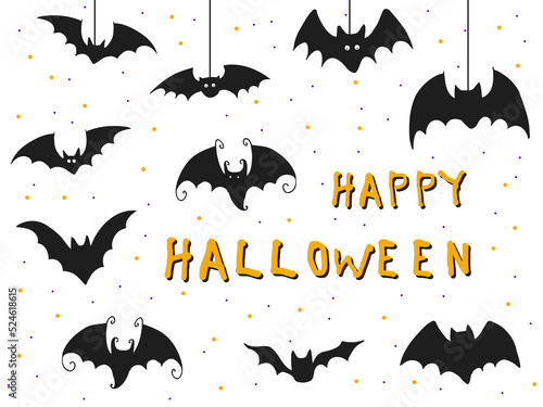 Halloween 2022 - October 31. A traditional holiday. Trick or treat. Vector illustration in hand-drawn doodle style. Set of silhouettes of bats.