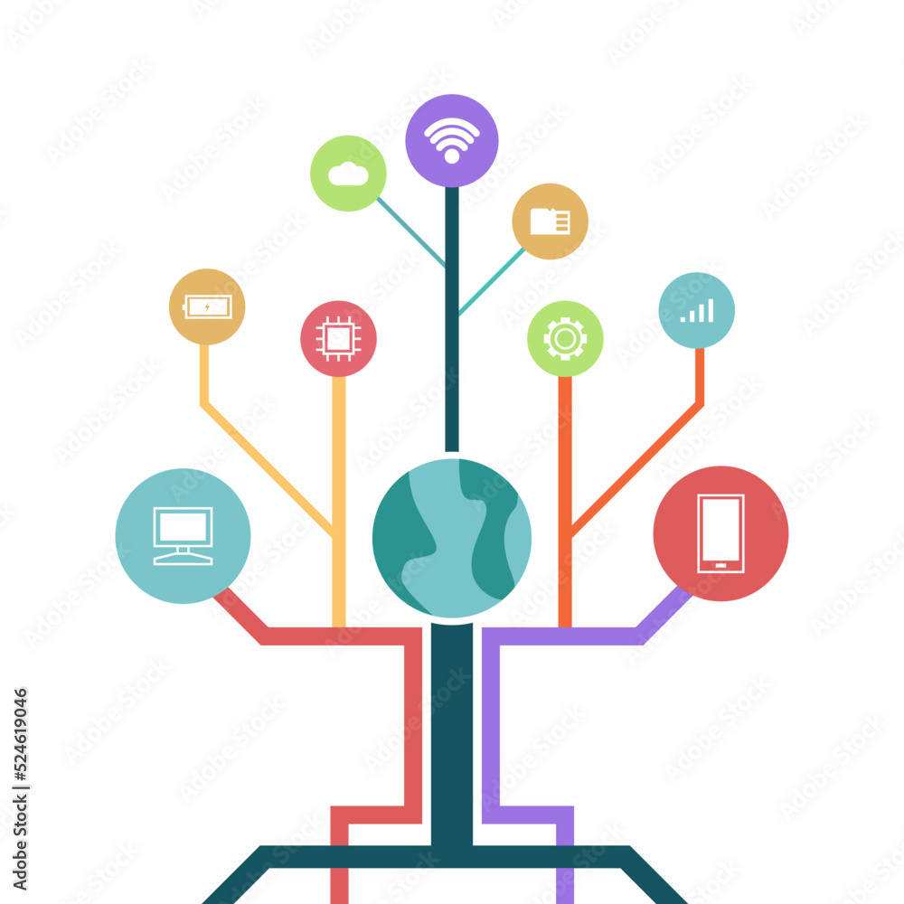 ILLUSTRATION OF DIGITAL GROWTH TREE WITH ALOT OF DIGITAL ICONS