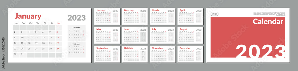 Set of 2023 Calendar Planner Template with Place for Photo and Company Logo. Vector layout of a wall or desk simple calendar with week start monday. Calendar grid in grey color for print - obrazy, fototapety, plakaty 