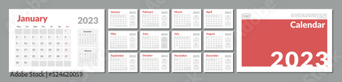 Set of 2023 Calendar Planner Template with Place for Photo and Company Logo. Vector layout of a wall or desk simple calendar with week start monday. Calendar grid in grey color for print